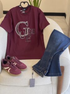 تیشرت نگین دوزی ترک طرح GUESS - زرشکی