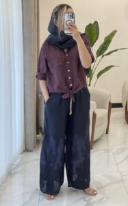 شومیز لینن ایتالیایی طرح ساده جلو گره ای-گرم بالا - Image 4