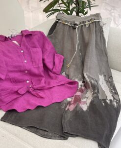 شومیز لینن ایتالیایی طرح ساده جلو گره ای-گرم بالا - Image 5