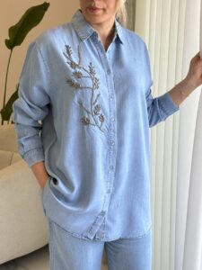 شومیز جین نگین دوزی ترک اورجینال طرح تک گل - Image 2
