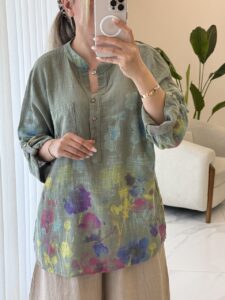 شومیز  لینن ایتالیایی طرح ابرنگی - Image 4