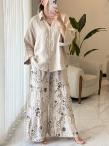 ست شومیز و شلوار لینن ایتالیایی طرح چین دار - Image 2
