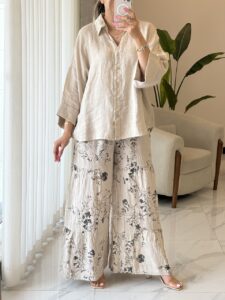شلوار لینن ایتالیایی چین دار طرحدار - Image 5