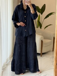 ست شومیز و شلوار لینن ایتالیایی طرح چین دار - Image 4