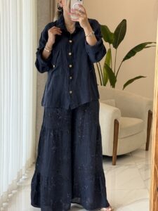 ست شومیز و شلوار لینن ایتالیایی طرح چین دار - Image 5