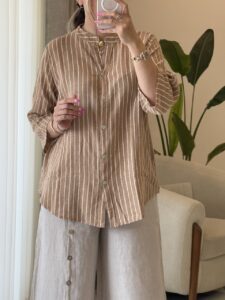 شومیز  لینن ایتالیایی طرح راه راه - Image 6
