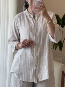 شومیز  لینن ایتالیایی طرح راه راه - Image 4