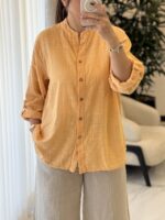 شومیز  لینن ایتالیایی تا پایین دکمه طرح بیسیک - Image 9