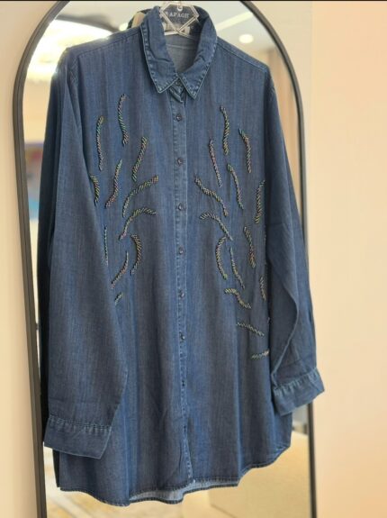 شومیز جین ابریشمی ترک اورجینال طرح رنگارنگ