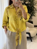 شومیز لینن ایتالیایی طرح رز جلو گره ای - گرم بالا