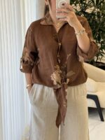 شومیز لینن ایتالیایی طرح رز جلو گره ای - گرم بالا - Image 3