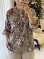 شومیز  لینن ایتالیایی سه دکمه طرح گلسرخ - Image 2