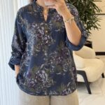 شومیز  لینن ایتالیایی سه دکمه طرح گلسرخ