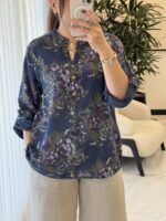 شومیز  لینن ایتالیایی سه دکمه طرح گلسرخ