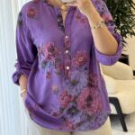 شومیز  لینن ایتالیایی سه دکمه طرح یاسی