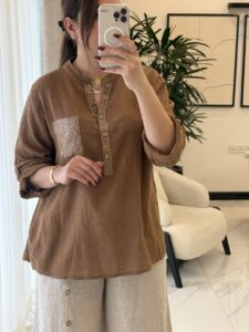 شومیز لینن ایتالیایی جیب پولکی سه دکمه - Image 10