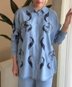 شومیز جین گلدوزی و پ دوزی ترک اورجینال طرح برگ - Image 2