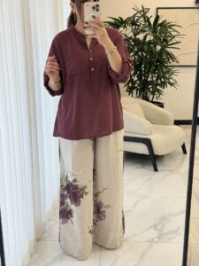 شلوار لینن ایتالیایی گرم بالا طرح گل عنابی - Image 3