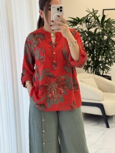 شومیز  لینن ایتالیایی طرح برگ سبز - Image 5