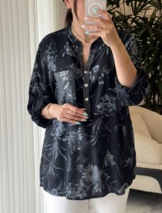 شومیز جیب پولکی ایتالیایی طرح گل داوودی - Image 9