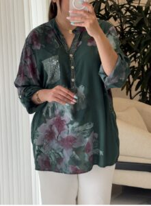 شومیز جیب پولکی ایتالیایی طرح گل عنابی نیو - Image 9