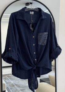 شومیز لینن جیب پولکی ایتالیایی طرح جلو گره ای - Image 3