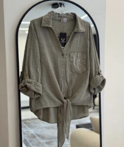 شومیز لینن جیب پولکی ایتالیایی طرح جلو گره ای - Image 4