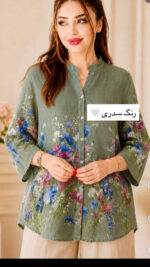 شومیز  لینن ایتالیایی طرح بهار تا پایین دکمه - Image 2