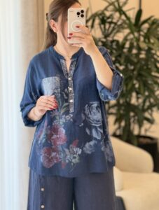 شومیز لینن جیب پولکی ایتالیایی طرح گلسرخ