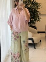 ست شومیز و شلوار لینن ایتالیایی طرح گل - گرم بالا - Image 6