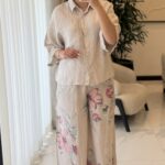 ست شومیز و شلوار لینن ایتالیایی طرح گل - گرم بالا