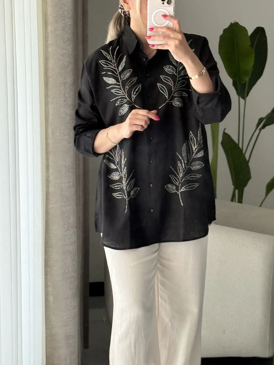 شومیز گلدوزی پولک دوزی ترک اورجینال طرح برگ - Image 4